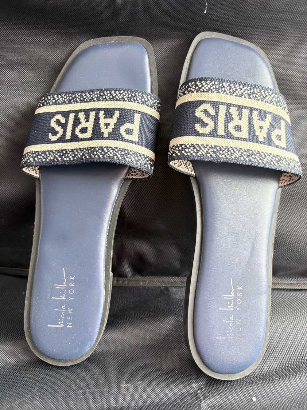 Nicole Miller Navy Slide Sandals with PARIS Strap
